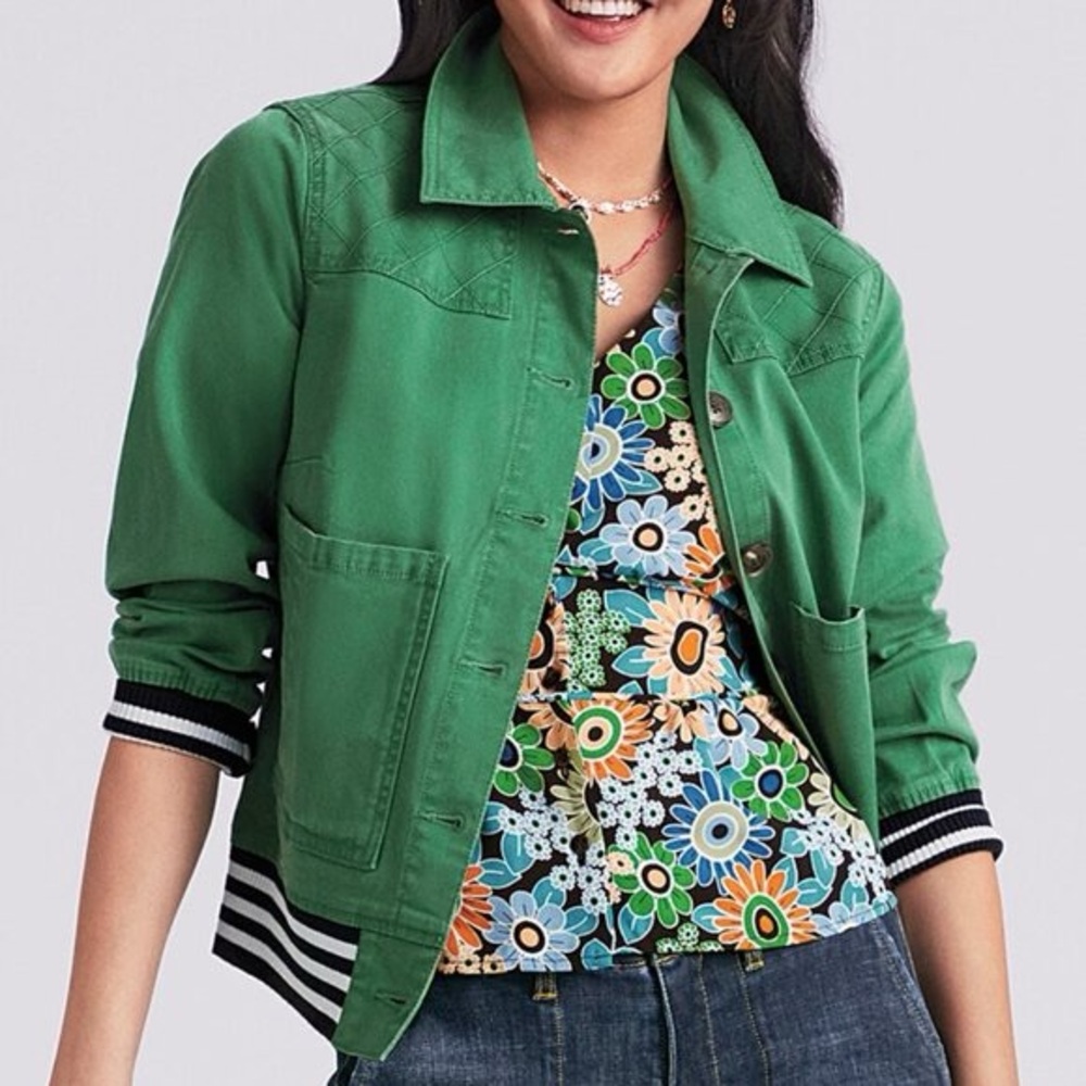 cabi Emerald Green Mod Button-Front BomberJacket with Black & White Striped Trim